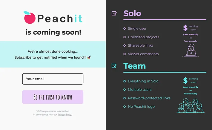 Coming soon page for 'Peachit' presentations platform, with options for a Solo and Team upcoming subscription plans